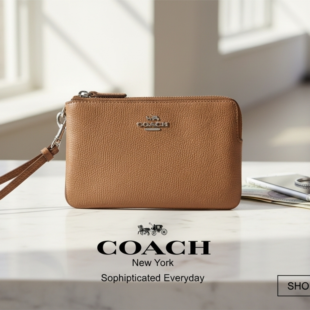 Coach Leather Wristlet Pouch in Saddle Tan
